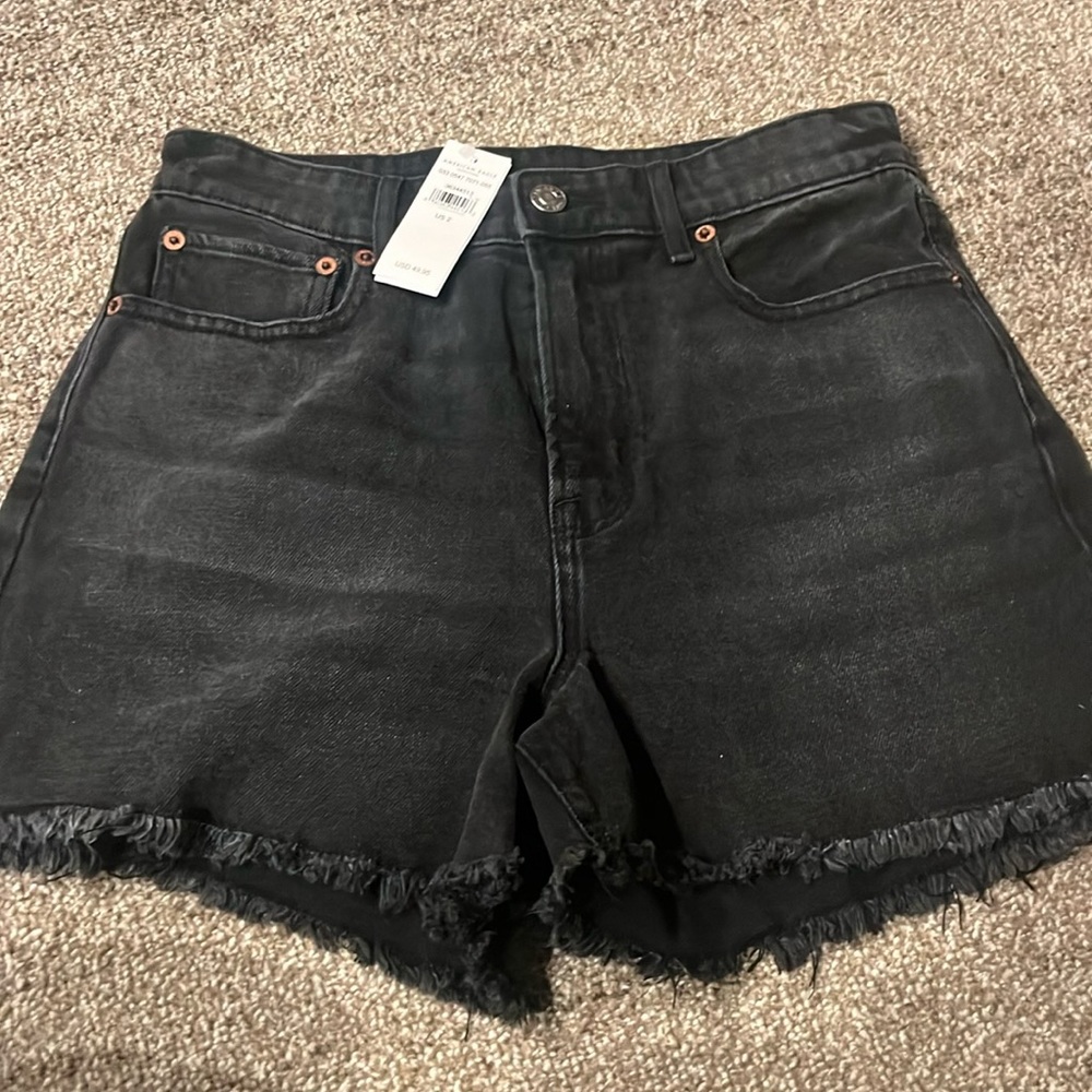American Eagle Black wash, frayed bottom five pocket shorts denim